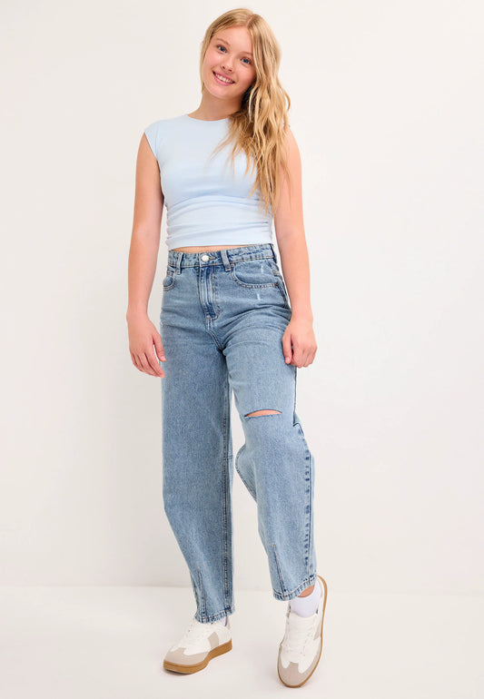 Older Girls Blue Ripped Barrel Leg Jeans