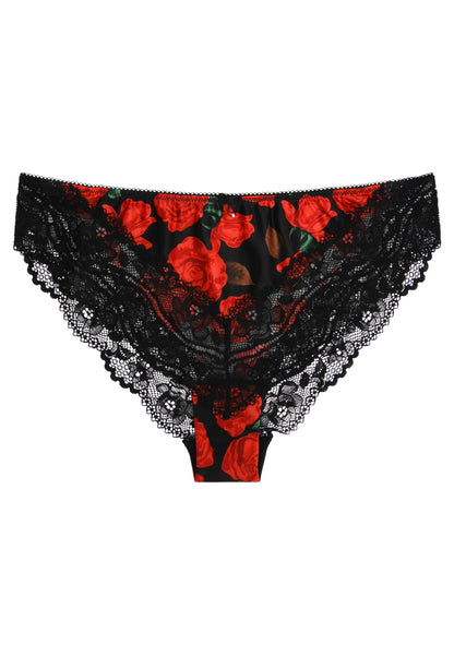Womens Red & Black Rose Lace Trim Brazilian Brief