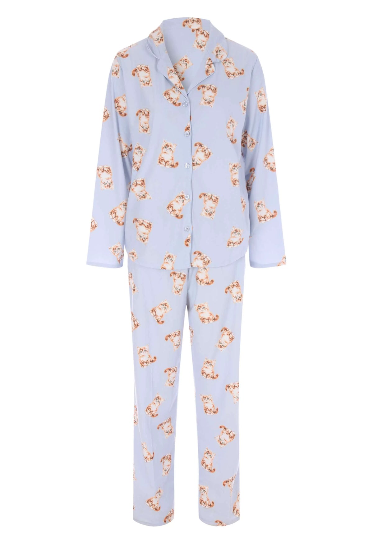 Womens Blue Cat Print Long Pyjama Set