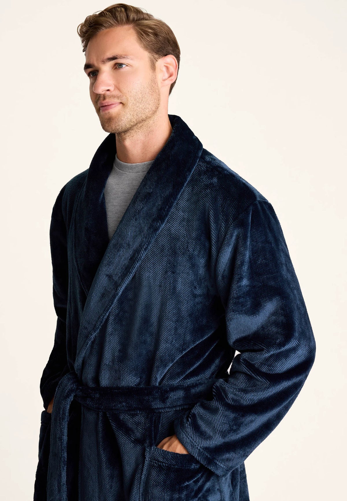 Mens Navy Shawl Collar Dressing Gown
