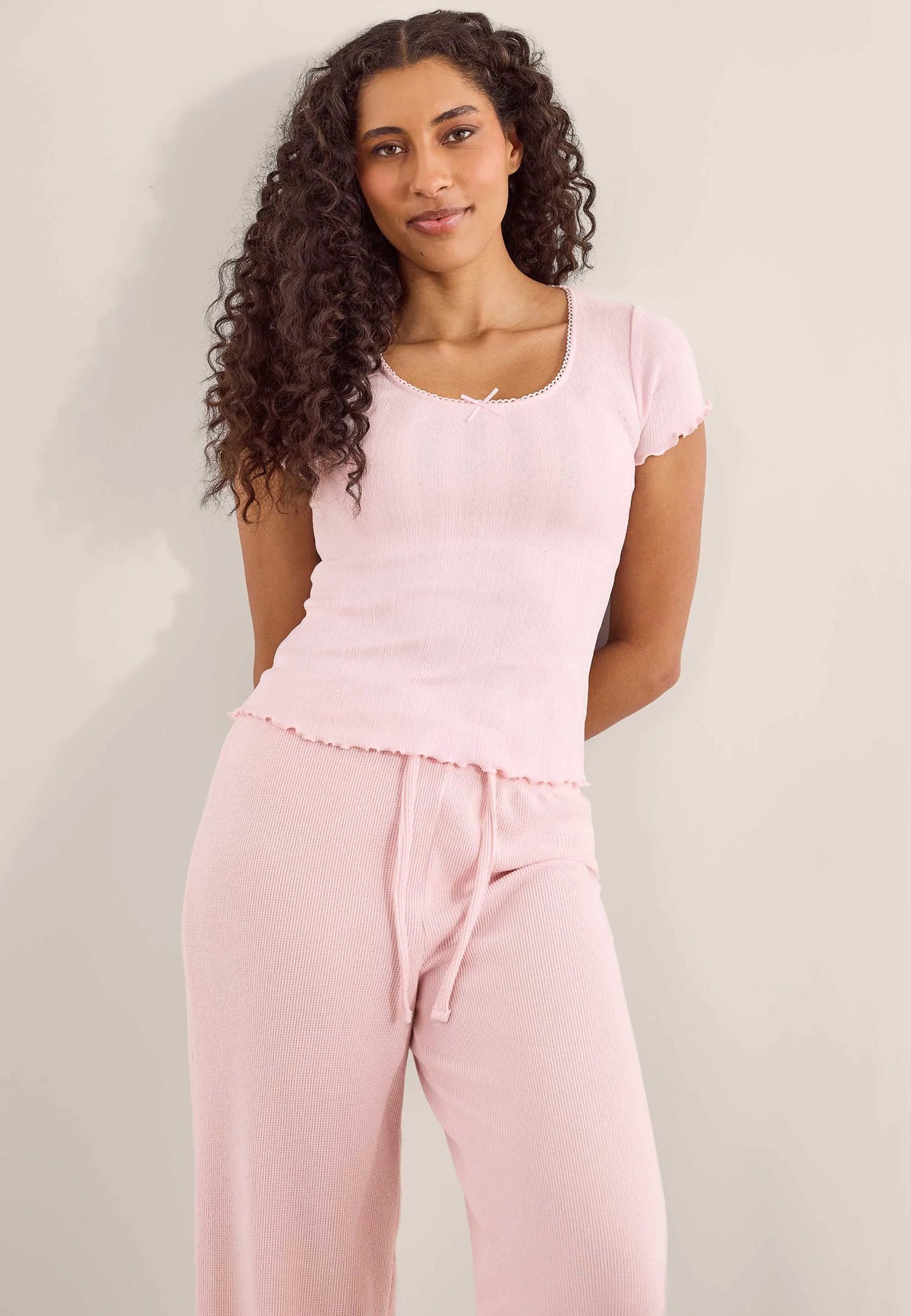 Womens Light Pink Pointelle Short Sleeved Pyjama Top