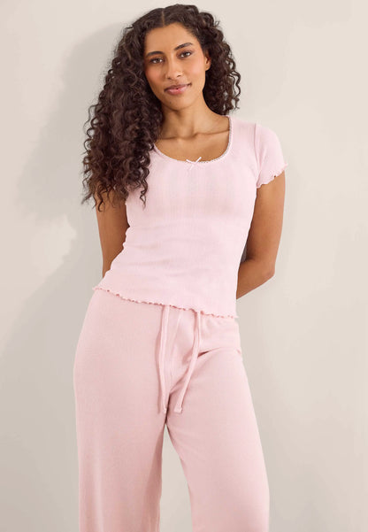 Womens Light Pink Pointelle Short Sleeved Pyjama Top