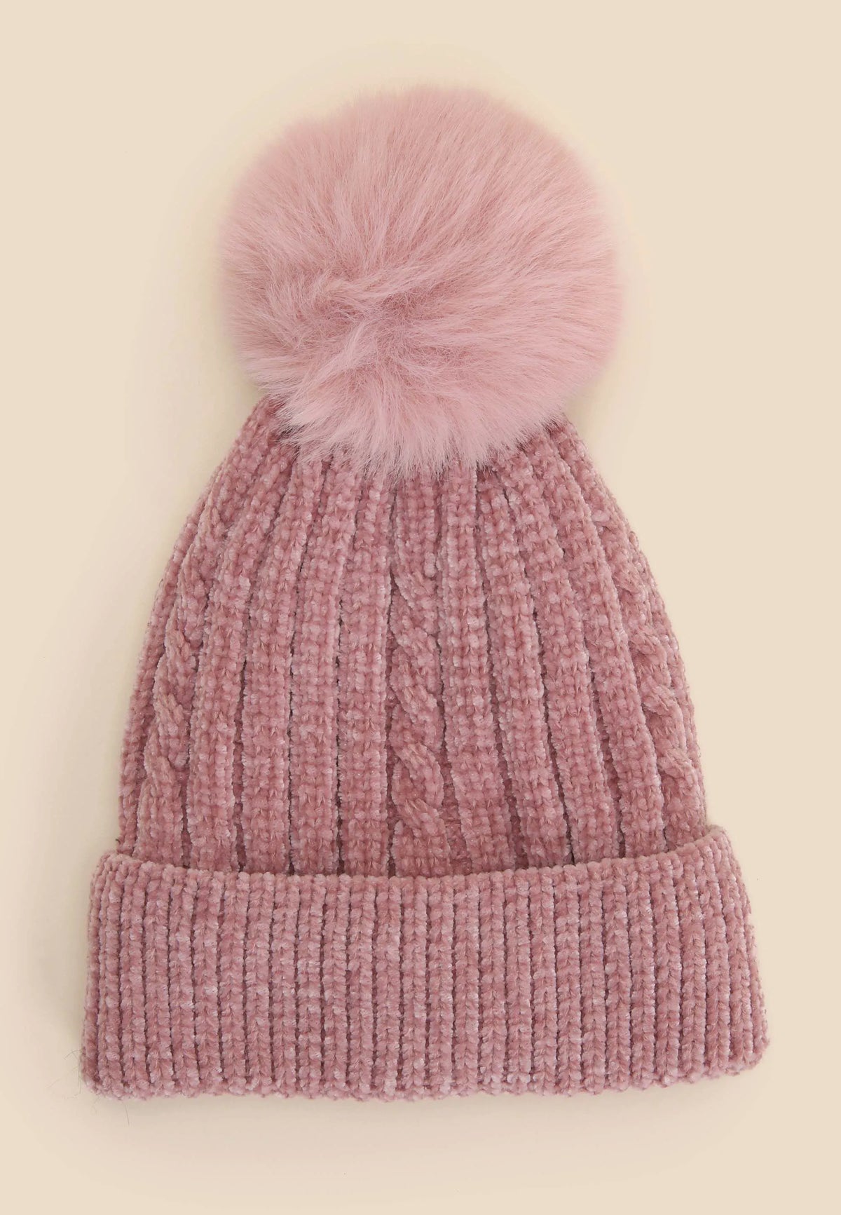 Younger Girls Pink Chenille Bobble Hat