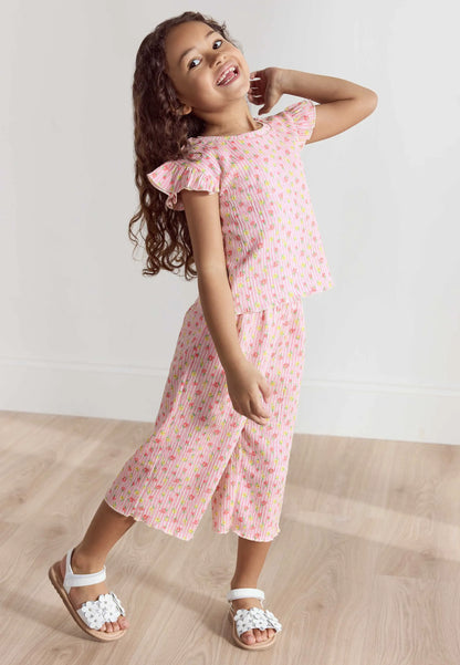 Younger Girls Pink Floral Print Top and Culottes Set