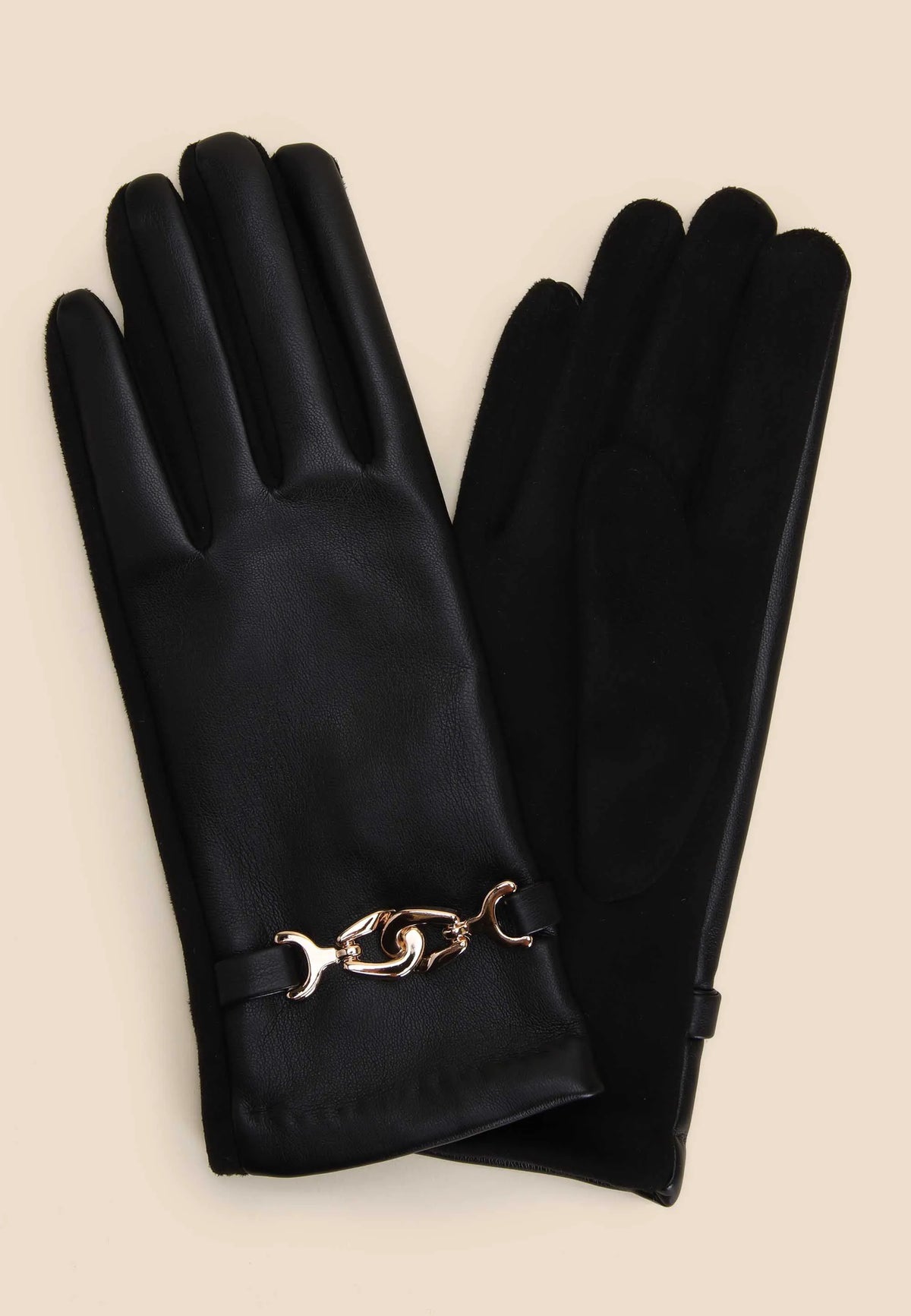 Womens Black Faux Leather Gold Snaffle Gloves