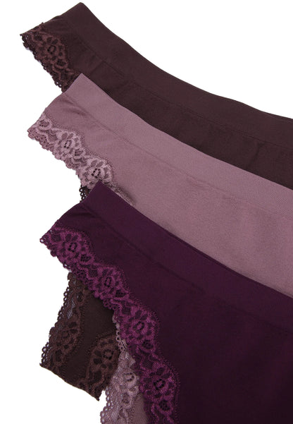Womens 3pk Purple & Brown Lace Detail Seam Free Thongs