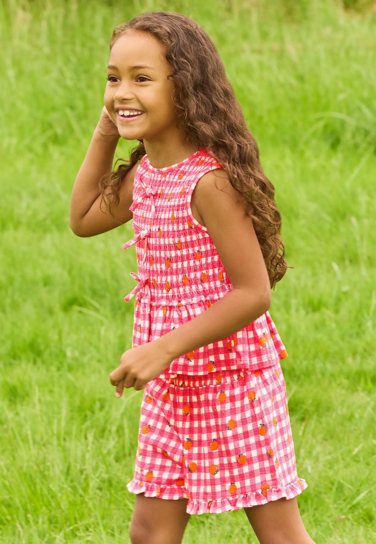 Younger Girls Pink Gingham Bow Top and Shorts Set