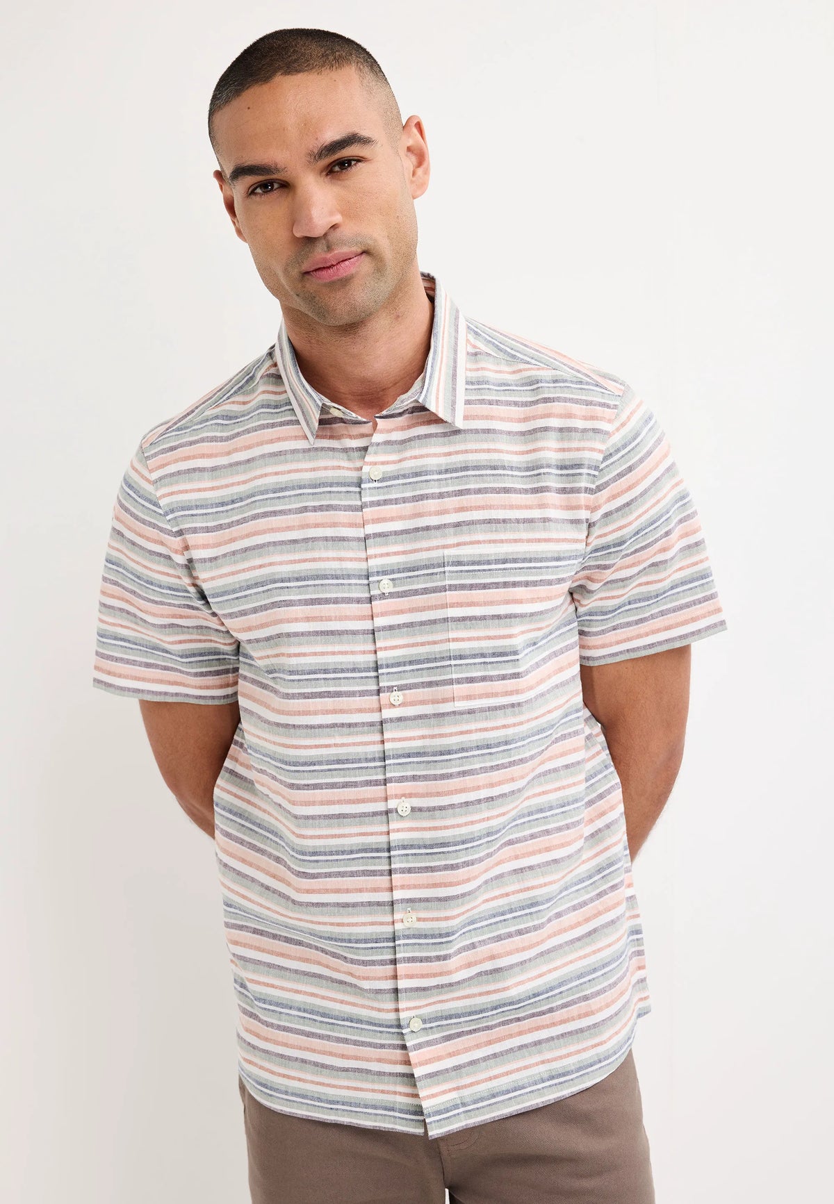 Mens Rust Stripe Linen Blend Cotton Shirt