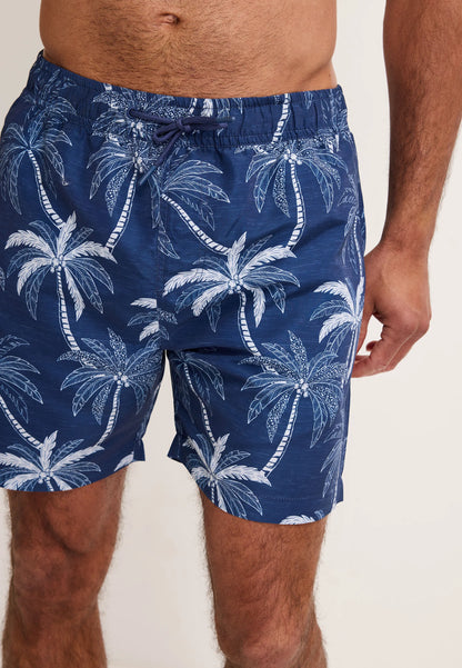 Mens Navy Palm Print Swim Shorts