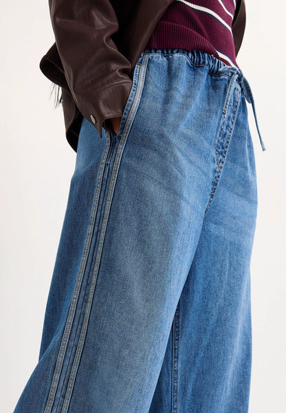Womens Mid Blue Stripe Wide Leg Drawstring Jeans