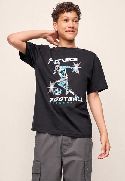 Older Boys Black Cotton Football T-Shirt