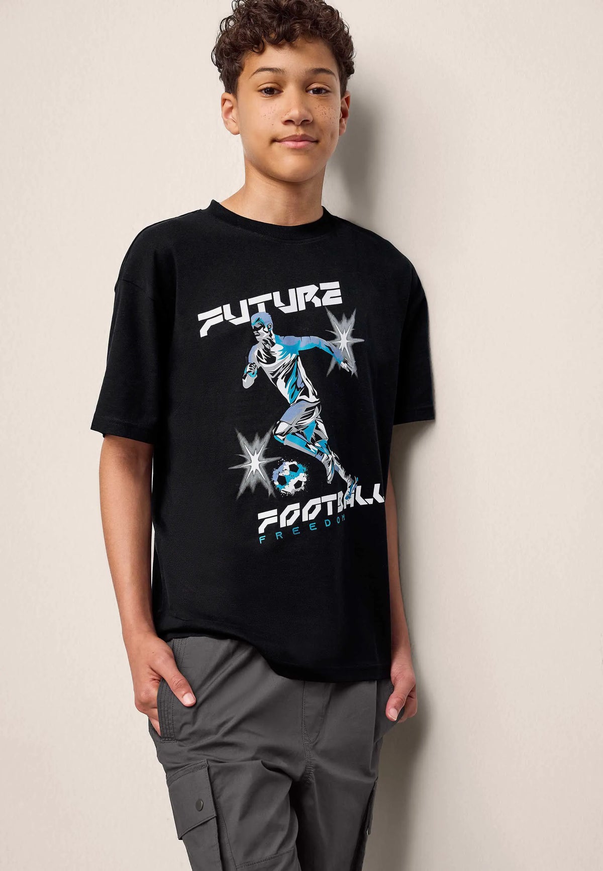 Older Boys Black Cotton Football T-Shirt
