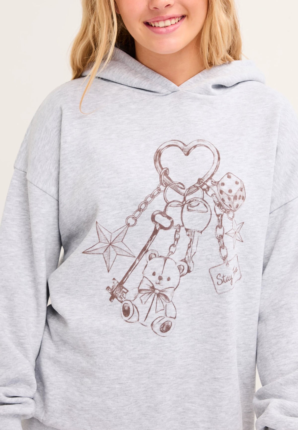Older Girls Grey Bear Keyring Oversized Hoodie