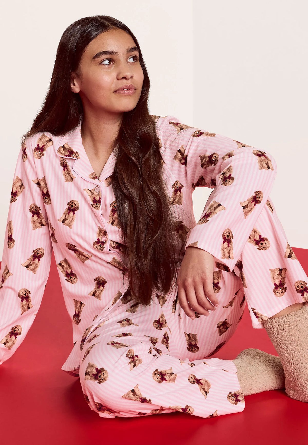 Girls Pink Stripe Dog Print Family Pyjama Set