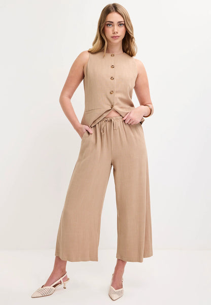 Womens Camel Linen Blend Cropped Wide Leg Trousers