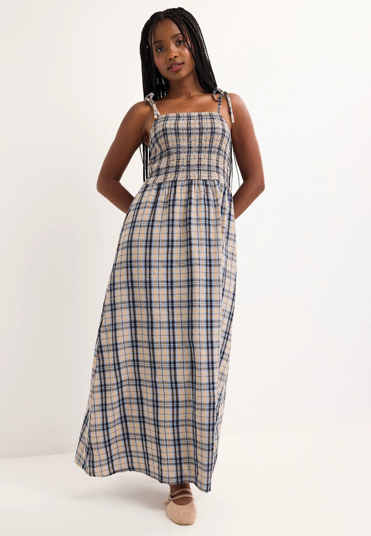 Womens Blue & Tan Check Print Strappy Midi Dress