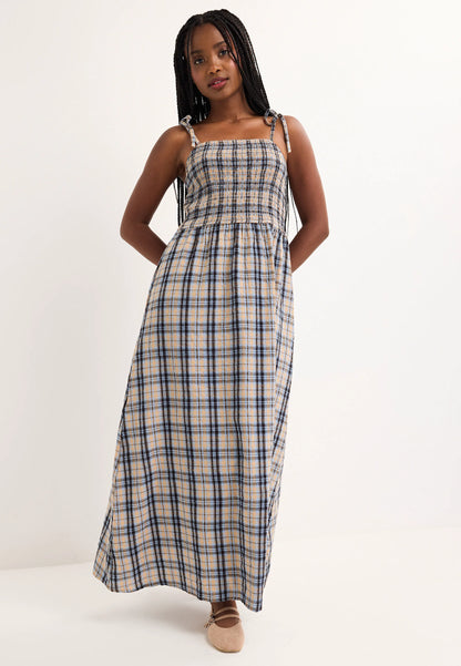 Womens Blue & Tan Check Print Strappy Midi Dress