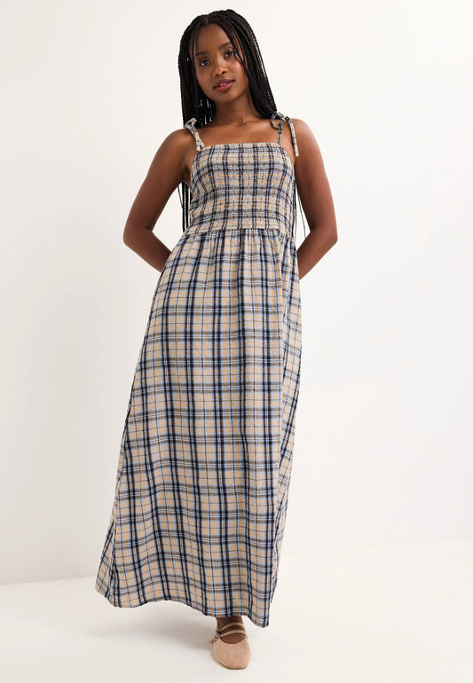 Womens Blue & Tan Check Print Strappy Midi Dress