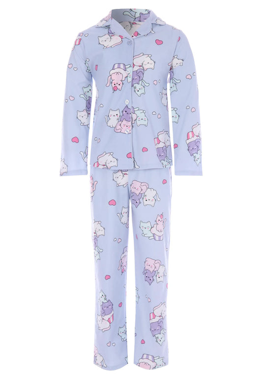 Girls Blue Cat Print Long Pyjama Set