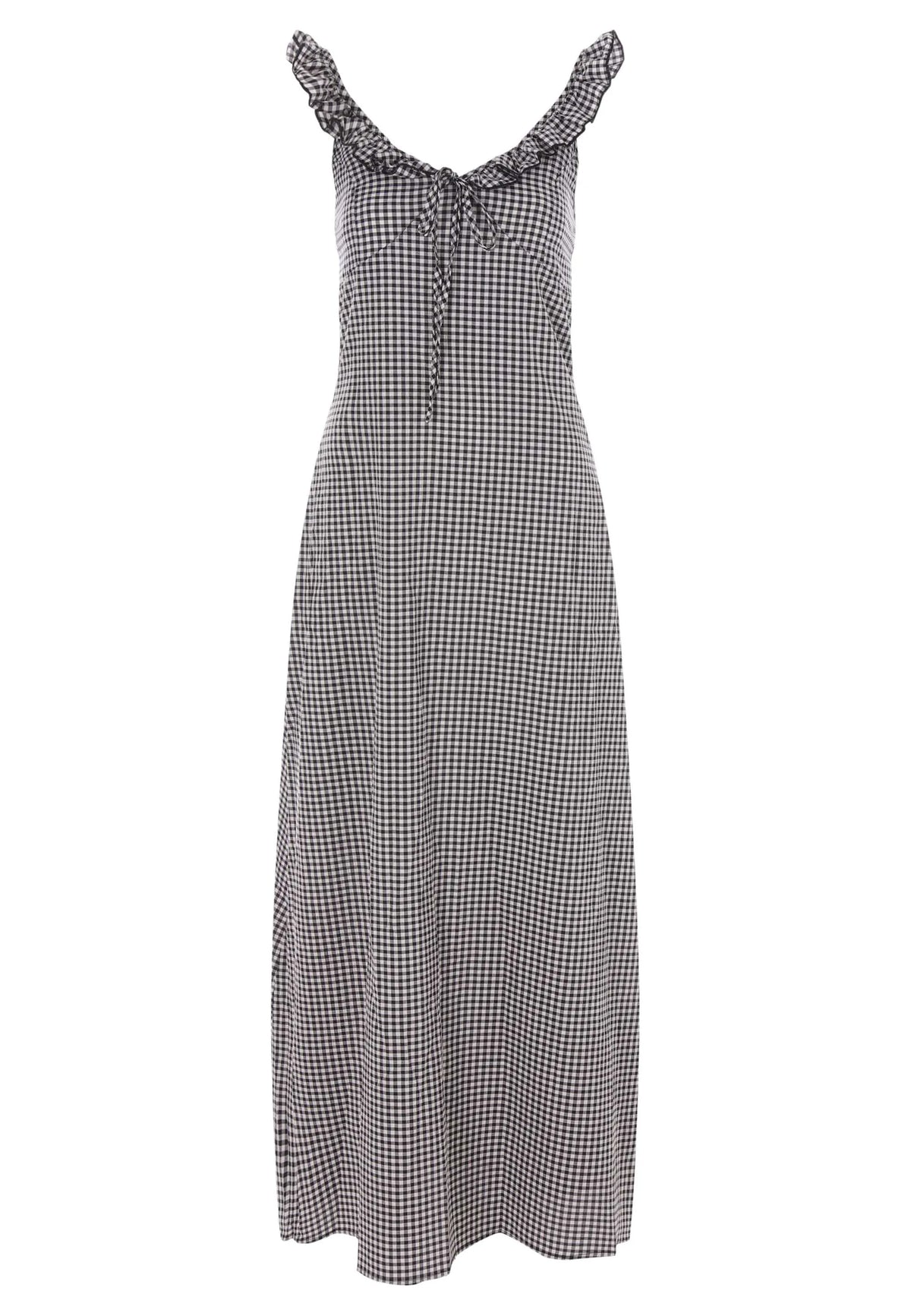 Womens Black Gingham Frill Neck Midi Dress