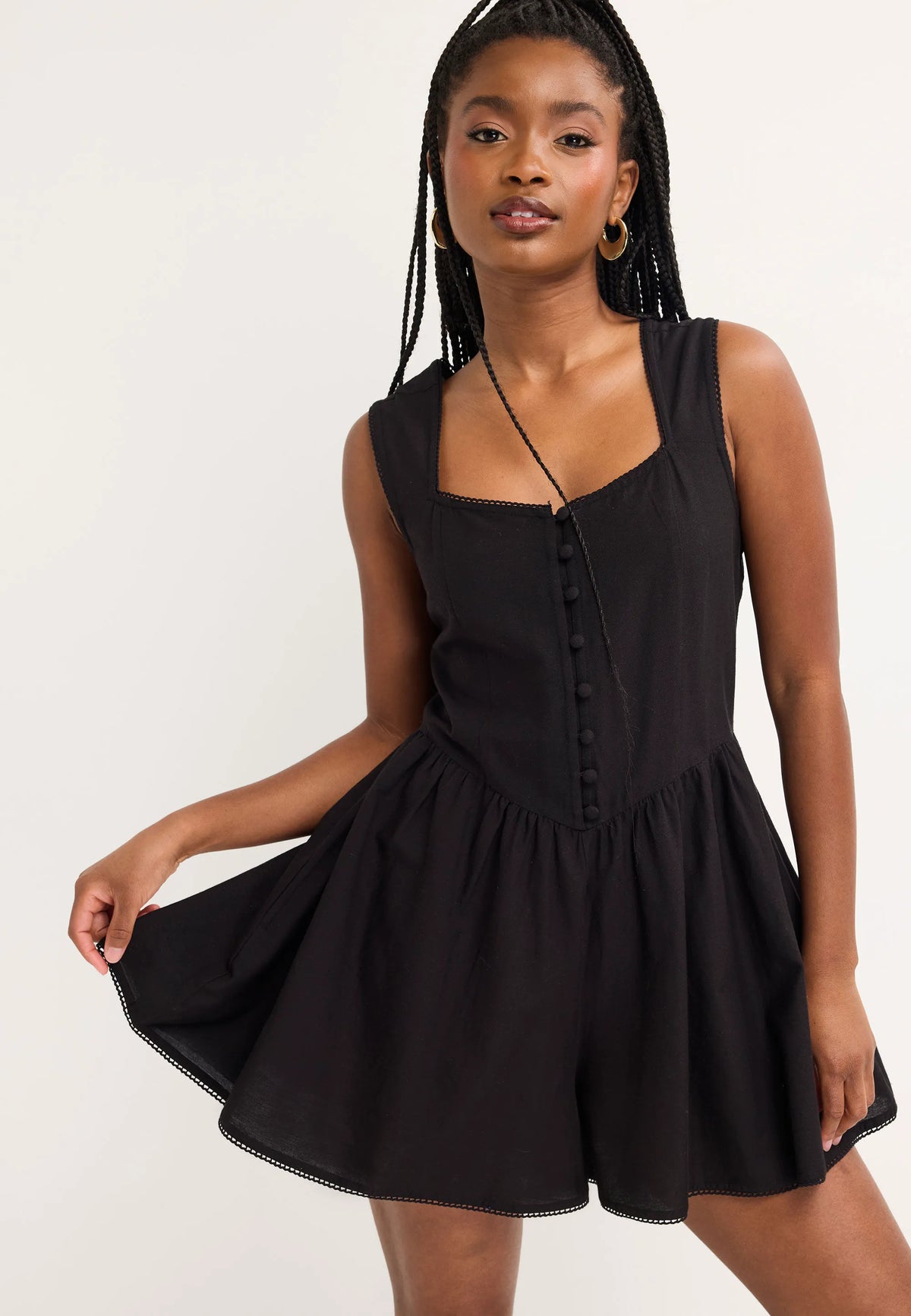 Womens Black Button Front Linen Blend Playsuit