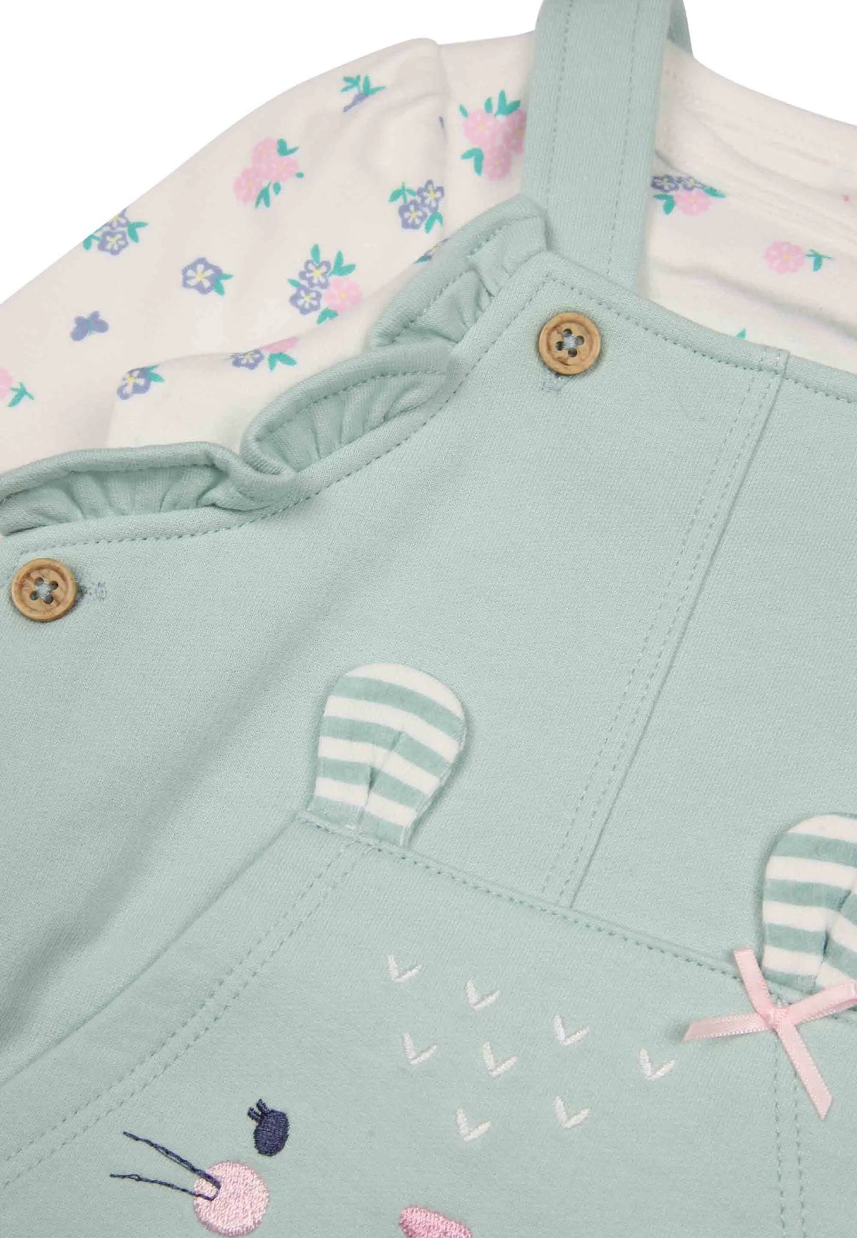 Baby Girls Mint Bunny Dungaree & Floral Top Set