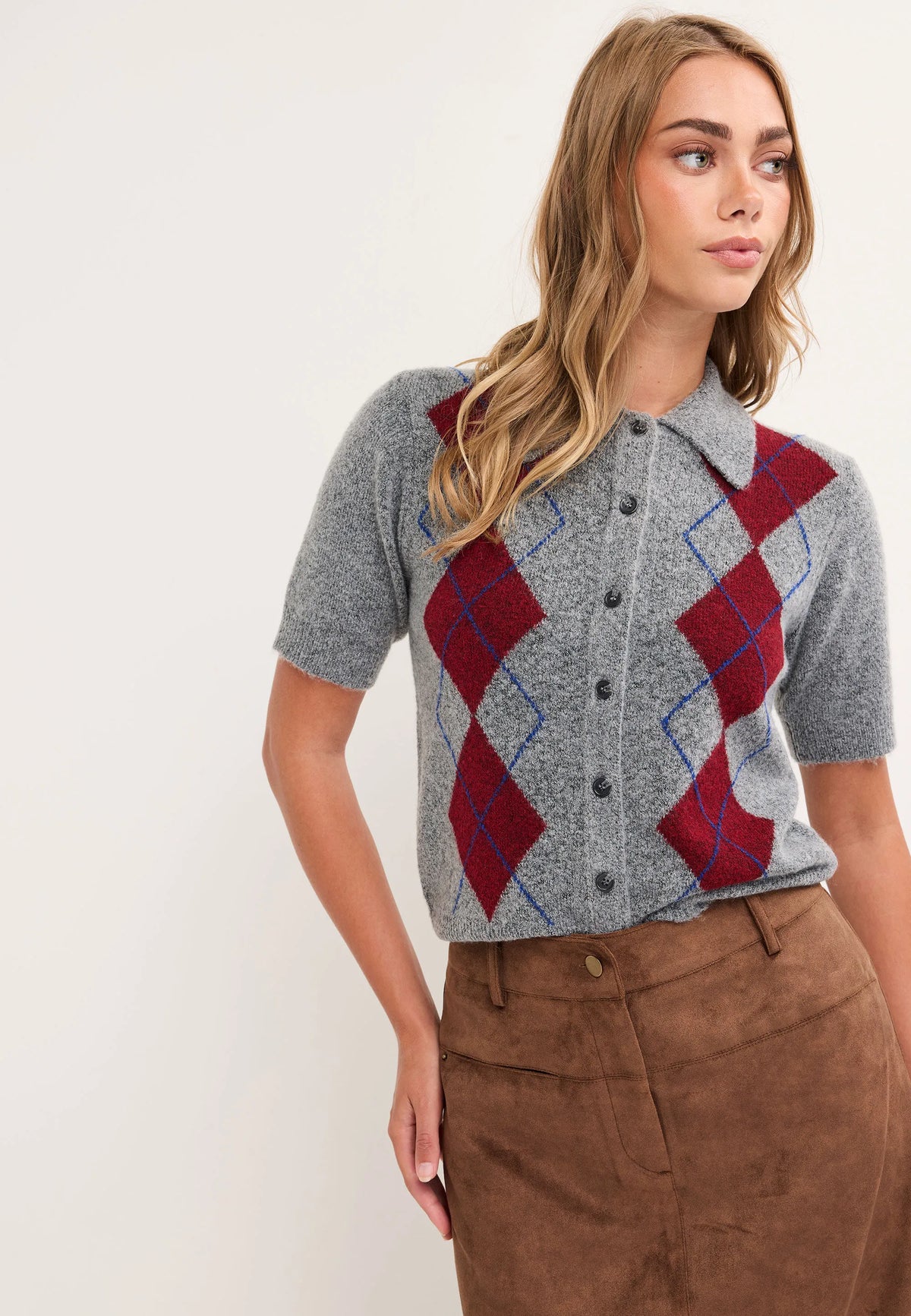 Womens Grey Argyle Collar Cardigan