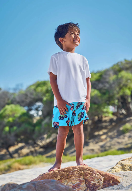 Younger Boys Blue Monster Truck Swim Shorts