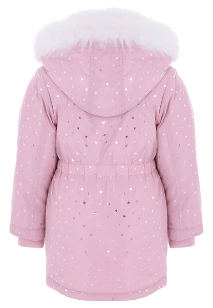 Younger Girls Pink Heart Print Padded Parka Coat