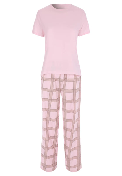 Womens Pink Check Long Pyjama Set