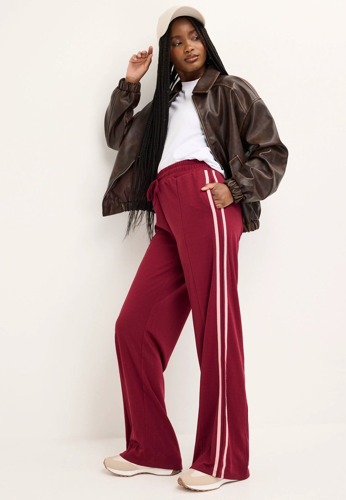 Womens Burgundy Side Stripe Wide Leg Joggers