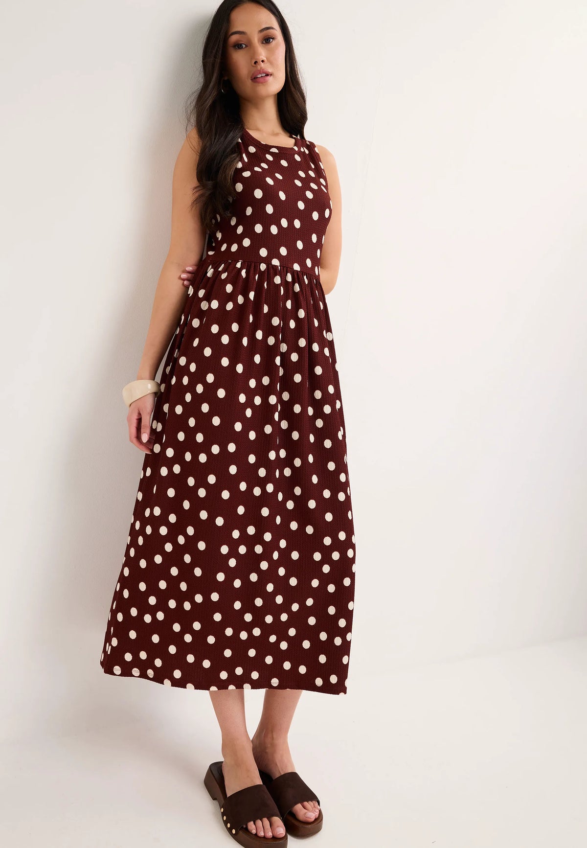 Womens Chocolate Brown Polka Dot Textured Dress