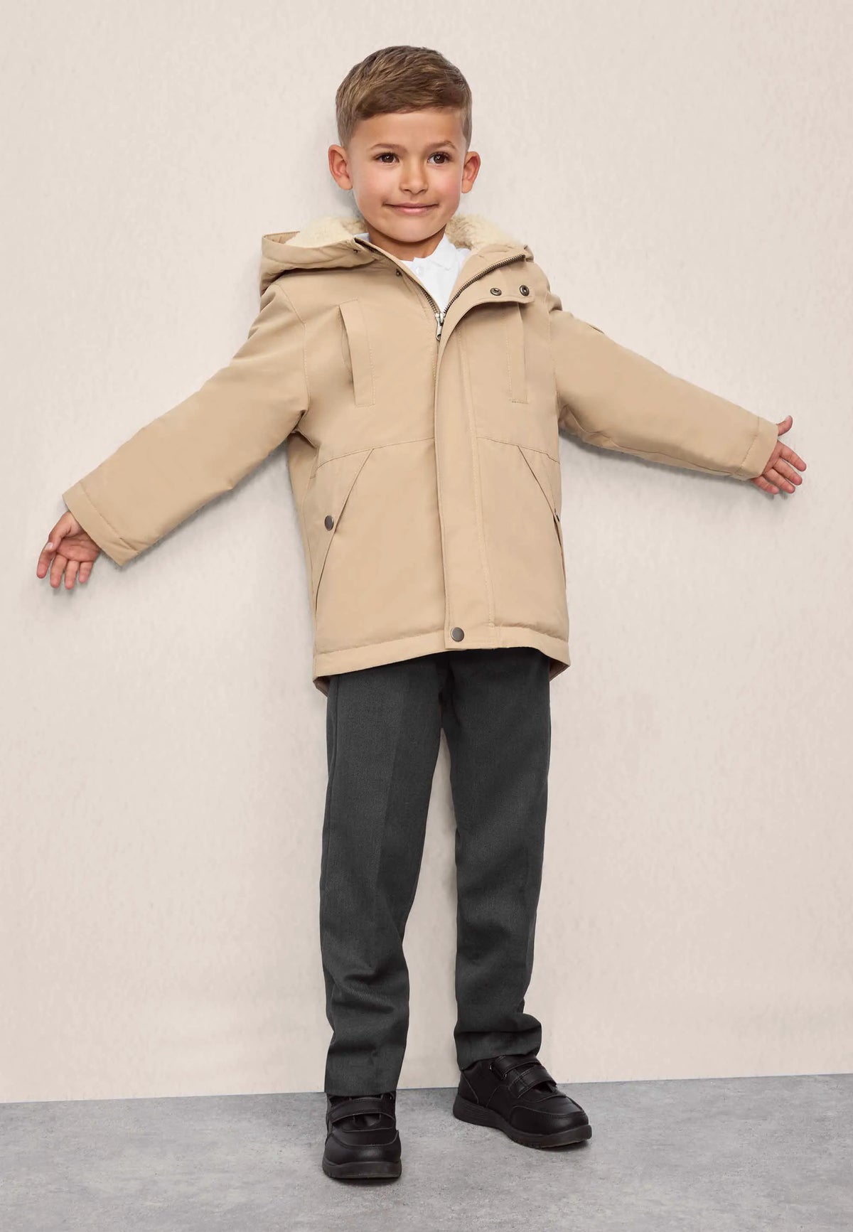 Younger Boys Stone Fleece Lined Parka Coat