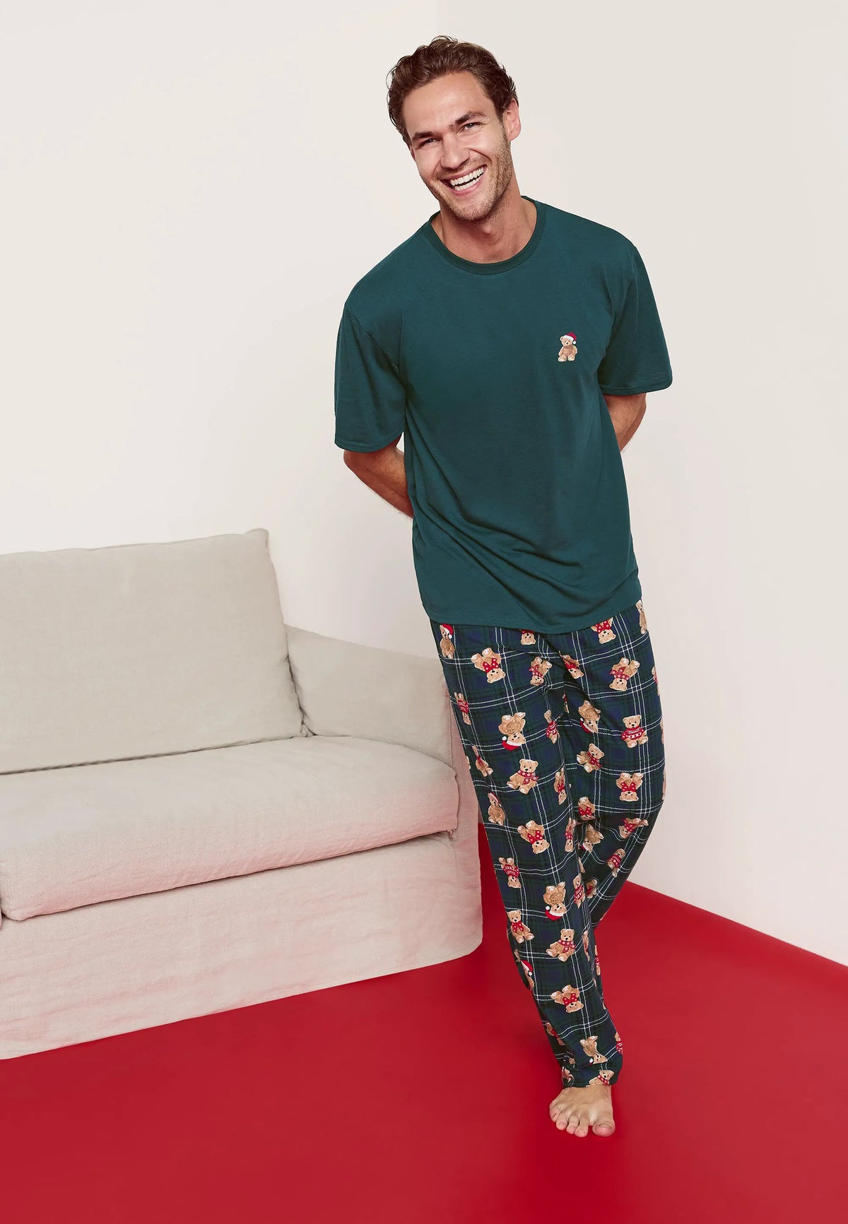 Mens Green Teddy Bear Family Pyjama Set