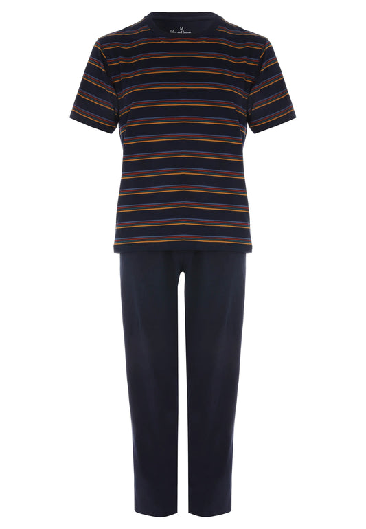 Mens Navy Stripe Cotton Long Pyjama Set
