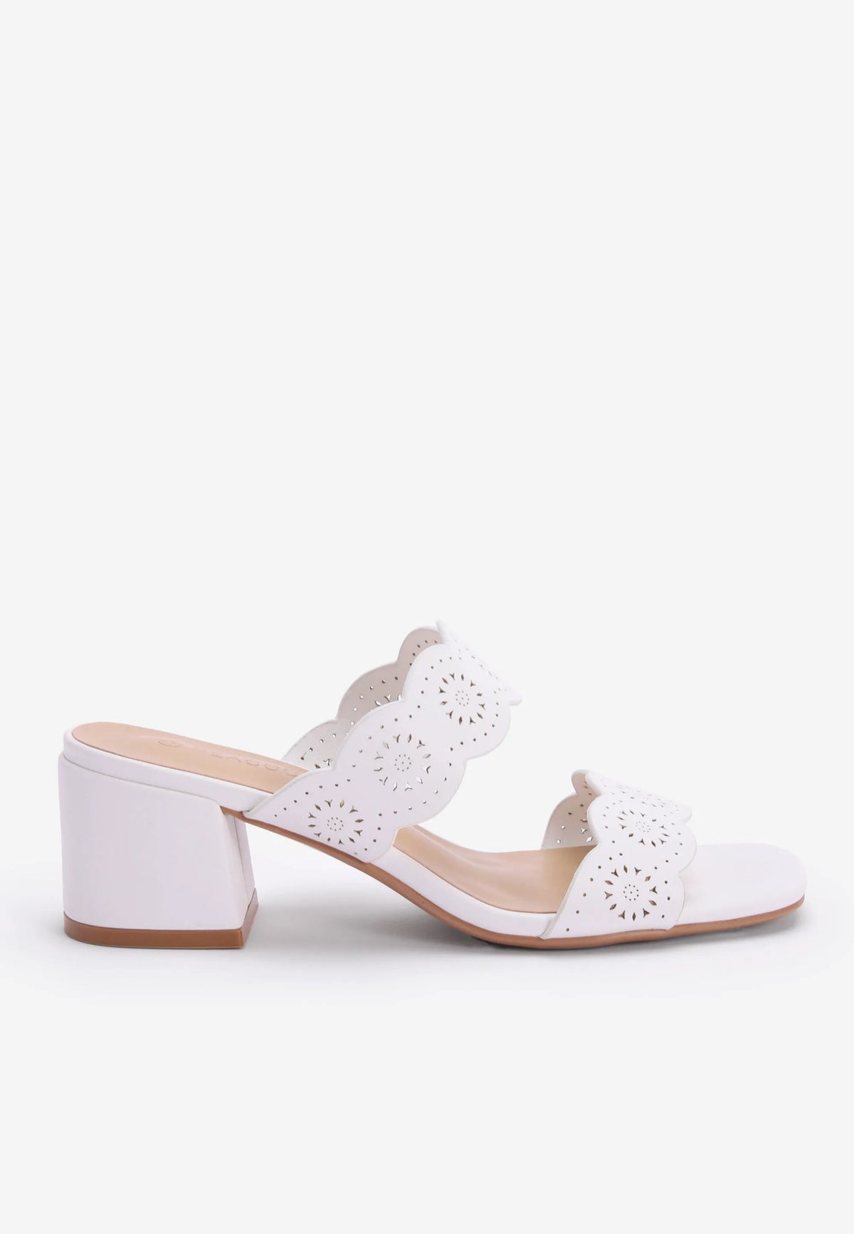 Womens White Laser Cut Block Heel Mules