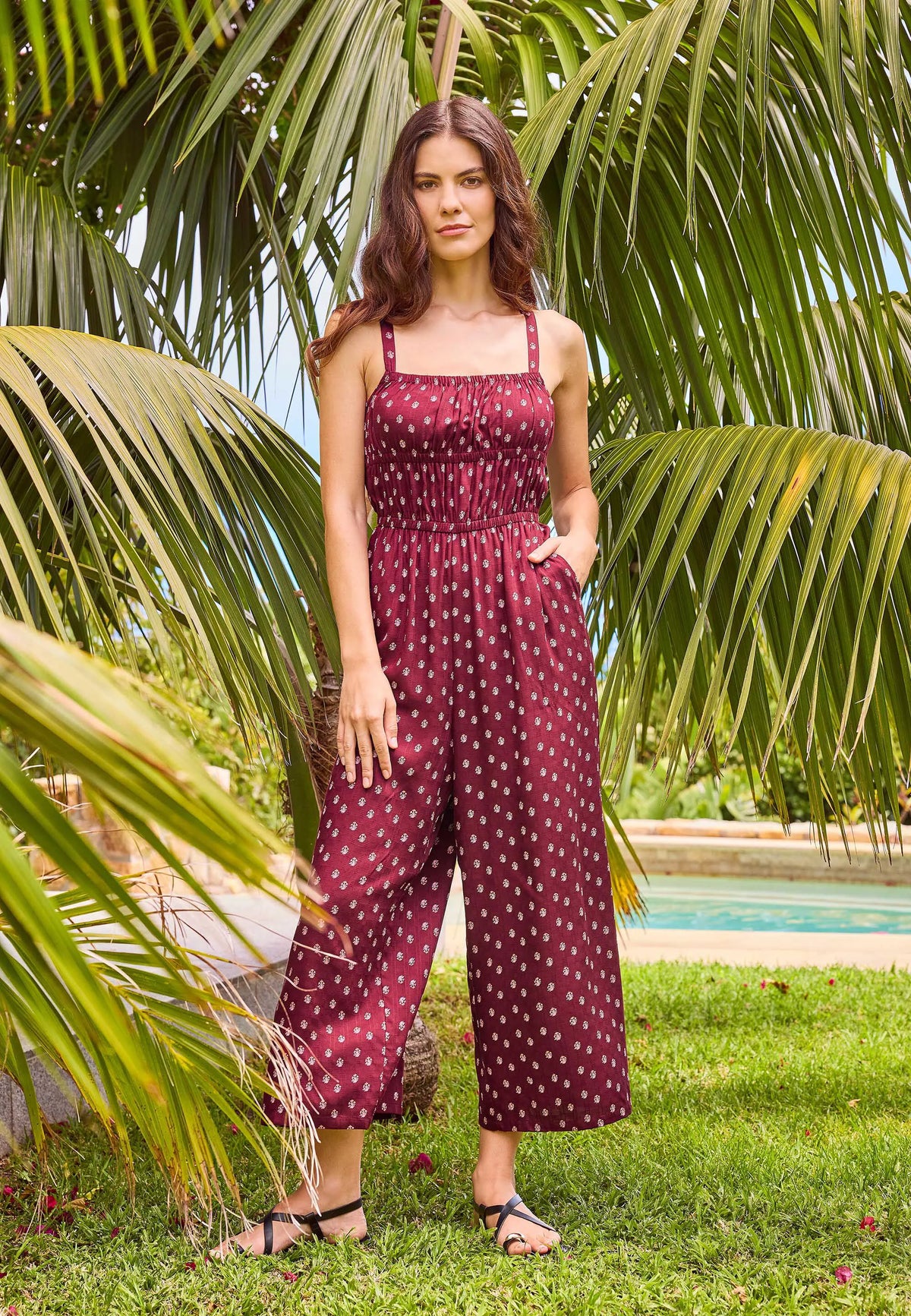 Womens Red Abstract Shirred Jumpsuit