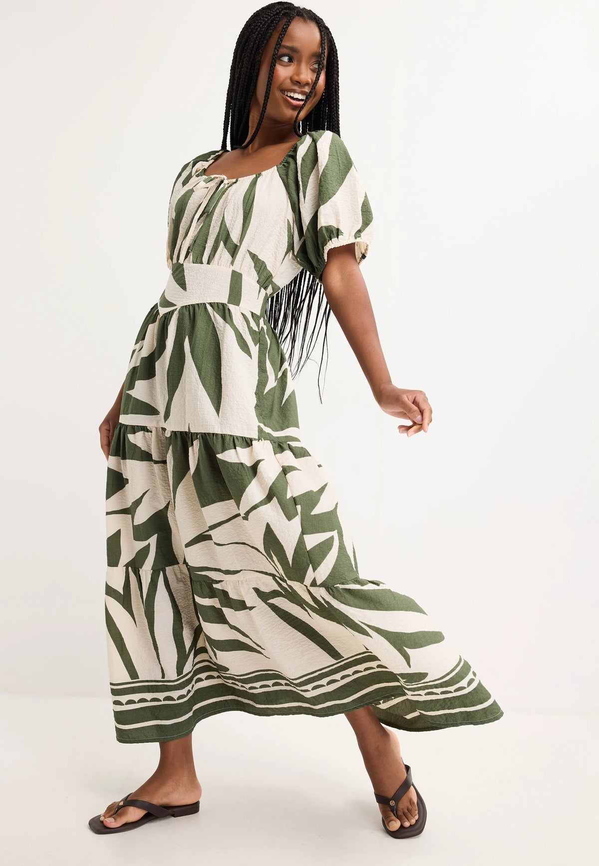 Womens Khaki Leaf Print Milkmaid Dress