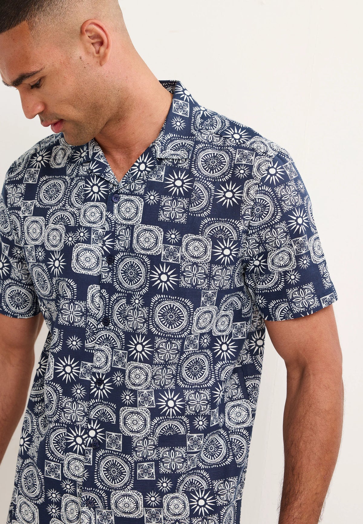Mens Navy Tile Print Cotton Shirt
