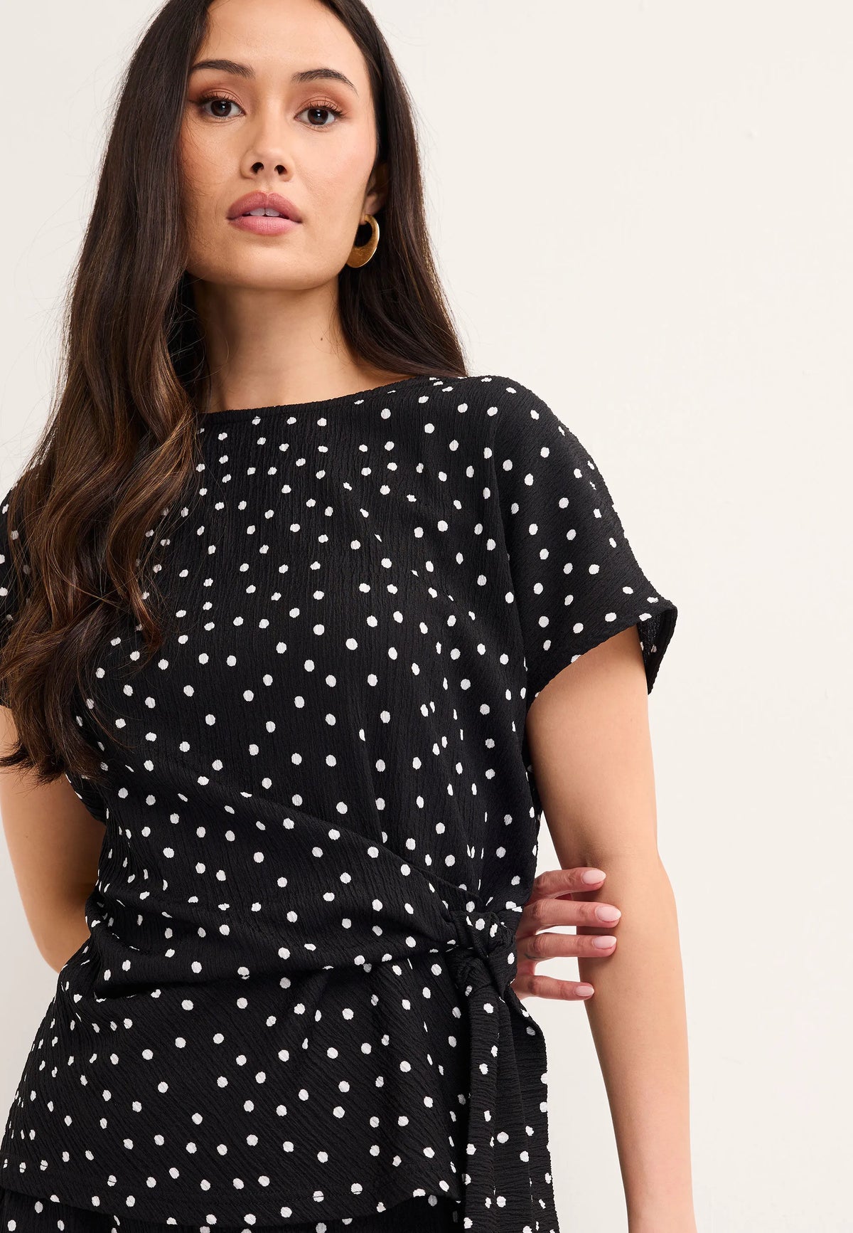 Womens Black Polka Dot Side Tie Top