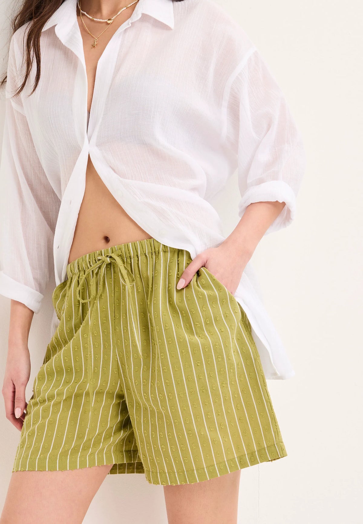 Womens Green Stripe Dobby Shorts