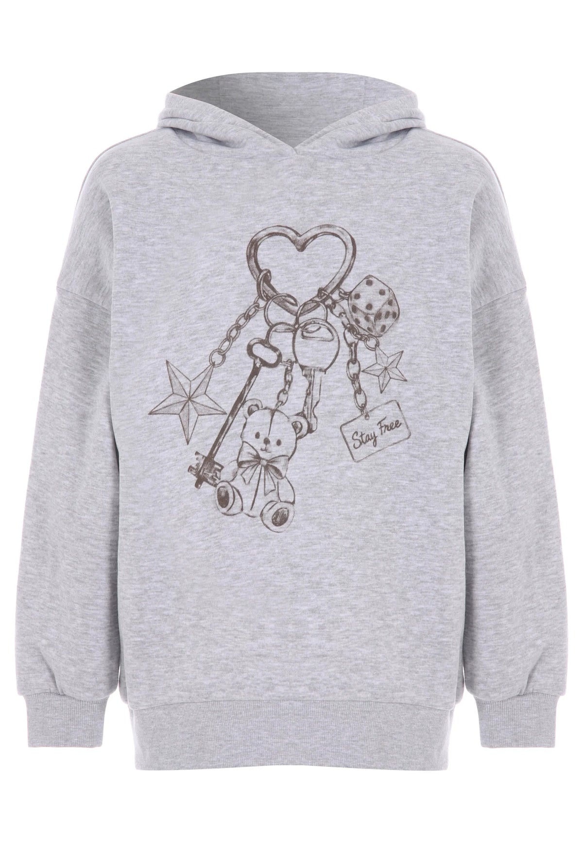 Older Girls Grey Bear Keyring Oversized Hoodie