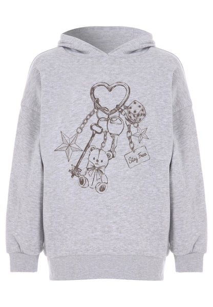 Older Girls Grey Bear Keyring Oversized Hoodie