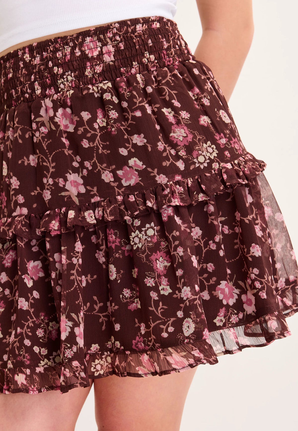 Older Girls Brown Floral Tiered Skirt