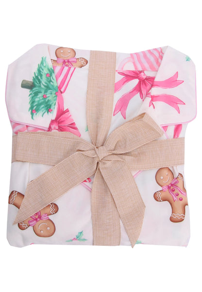 Womens Pink Gingerbread Bow Christmas Family Pyjama Set