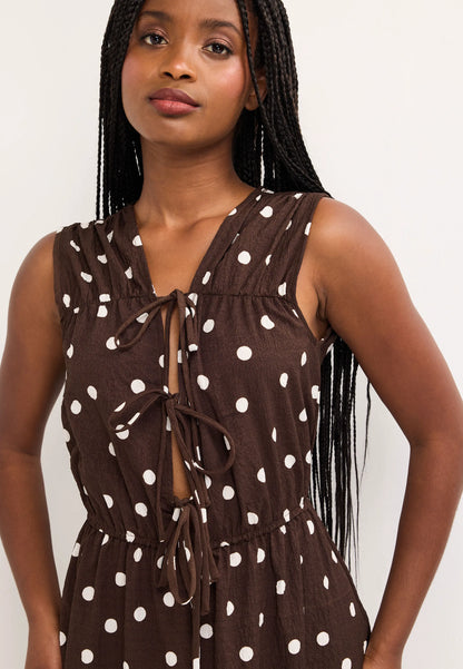 Womens Chocolate Polka Dot Tie Front Midi Dress