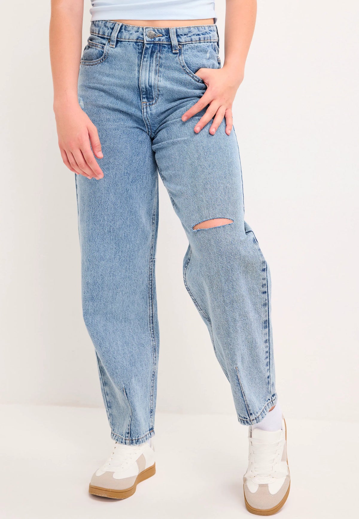 Older Girls Blue Ripped Barrel Leg Jeans