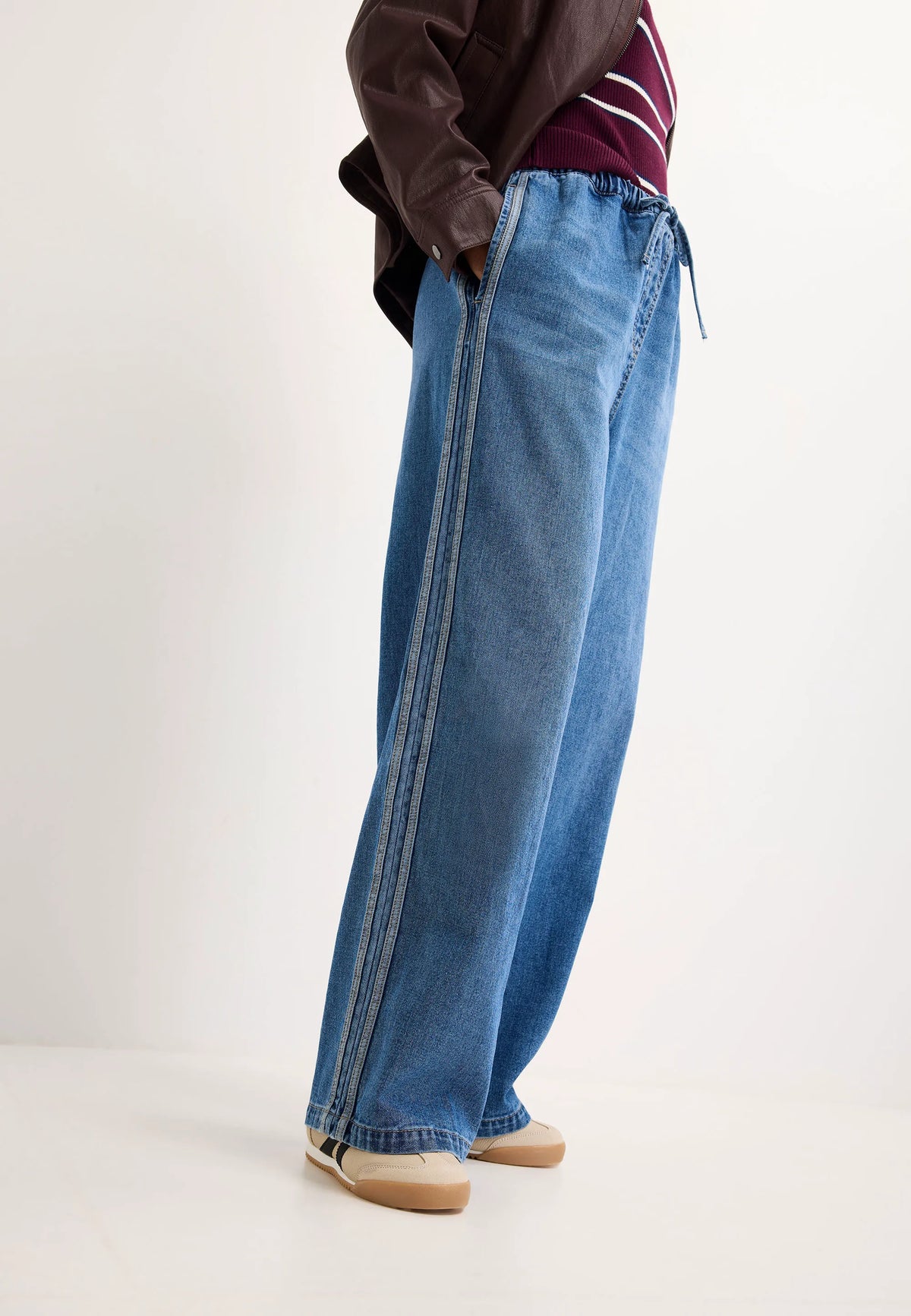 Womens Mid Blue Stripe Wide Leg Drawstring Jeans