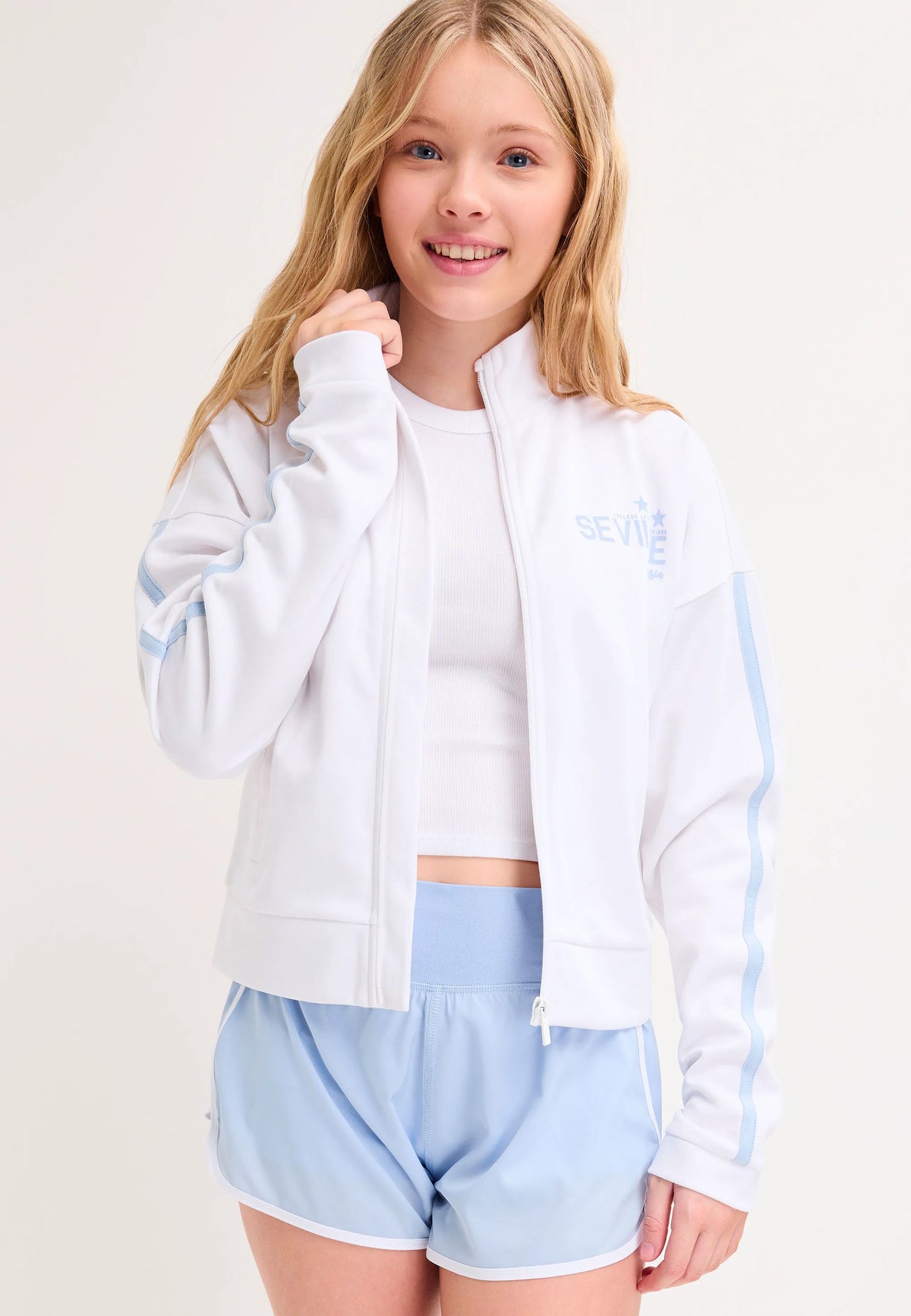 Older Girls White Side Stripe Zip Through Sweatshirt