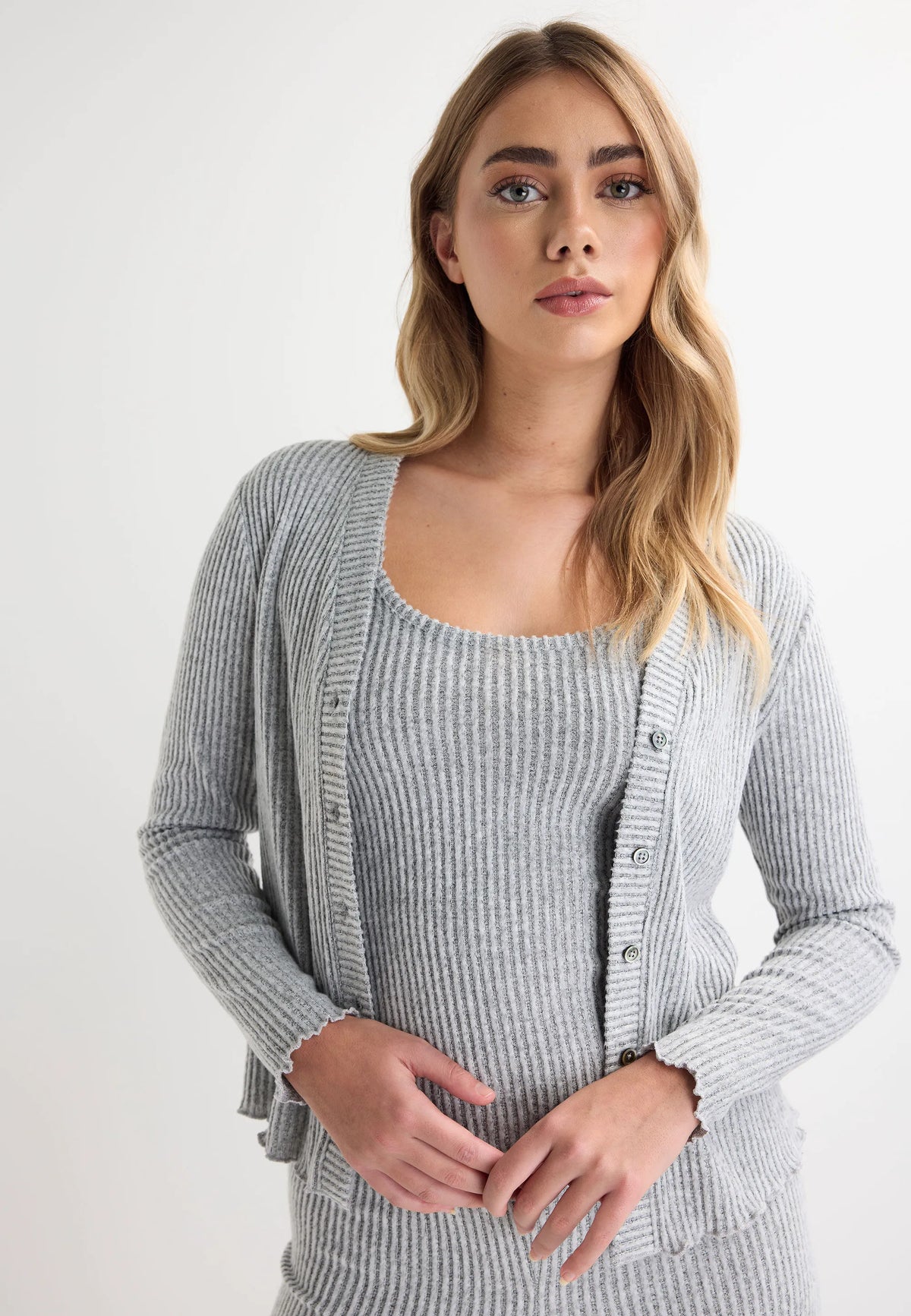 Womens Grey Ribbed Cardigan & Cami Pyjama Top Set